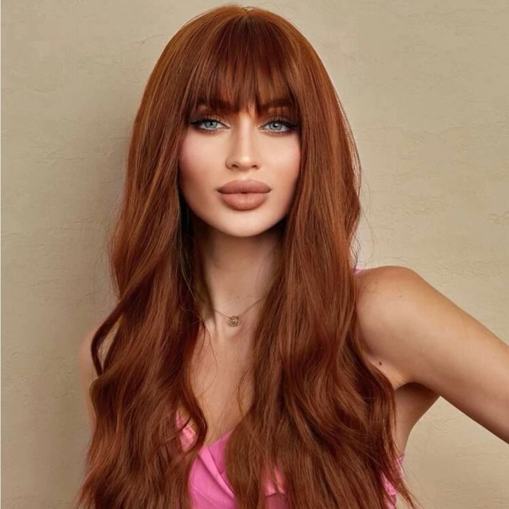 *ALL WIGS ARE NEW. Autumn Burns Wig, 26” Long w/bangs, Reddish Copper Tone